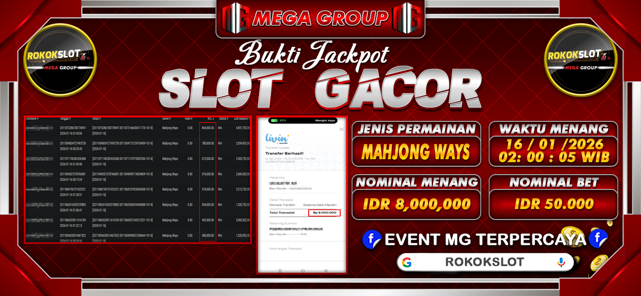 Bukti JP situs Rokokslot hari Jumat, 16 Januari 2026